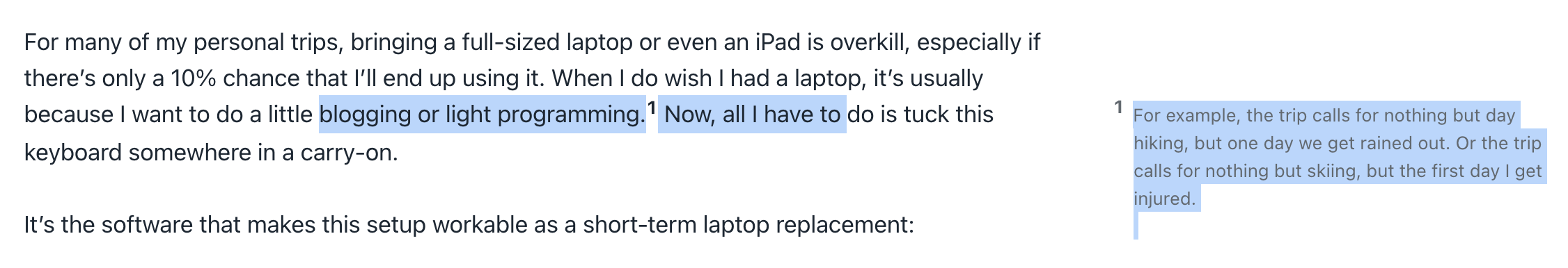 An inline side note, with the selection spanning the anchor point